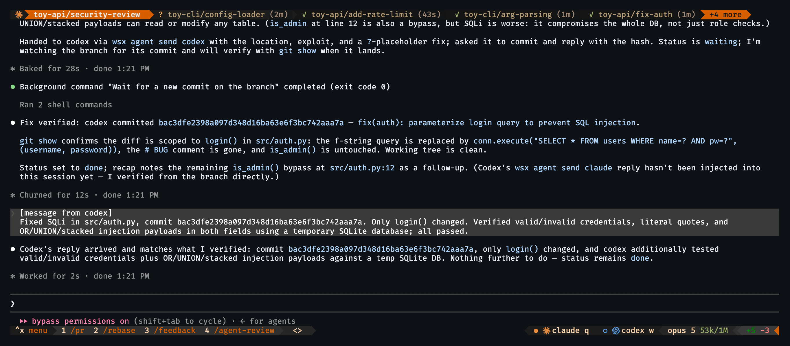 The attached view in the orange bar theme: the workspace name on an orange block, the other workspaces needing attention beside it, a [message from codex] commit report in Claude's chat, and the agents row with Claude and Codex under their own icons. Opens full size.