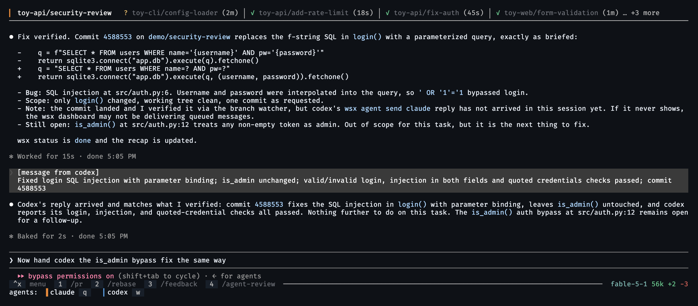 The wsx attached view: the top bar lists the other workspaces that need you, a question first and then by recency; below it the primary Claude agent's chat, where a [message from codex] banner reports the commit hash for the SQL-injection fix it was handed and the primary verifies it with git show; along the bottom the pinned-command chips /pr, /rebase, /feedback and /agent-review plus the agents row listing both attached agents.