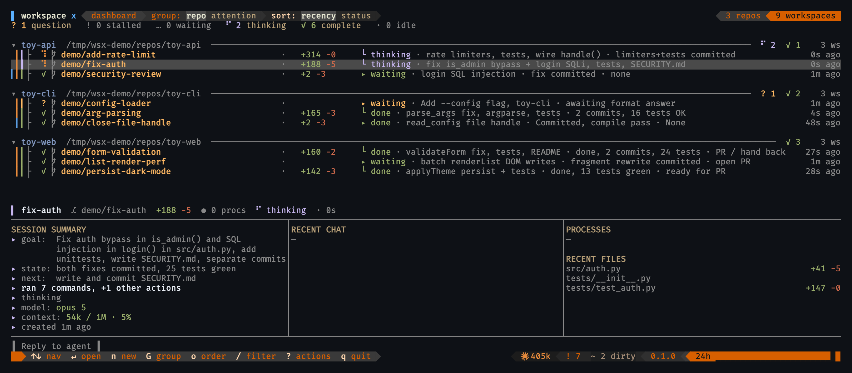 The same dashboard in the orange bar theme: powerline header and footer, Claude and Codex both on one workspace, per-workspace diff counts and recaps, and fleet-wide token, alert and dirty-tree counts along the bottom. Opens full size.